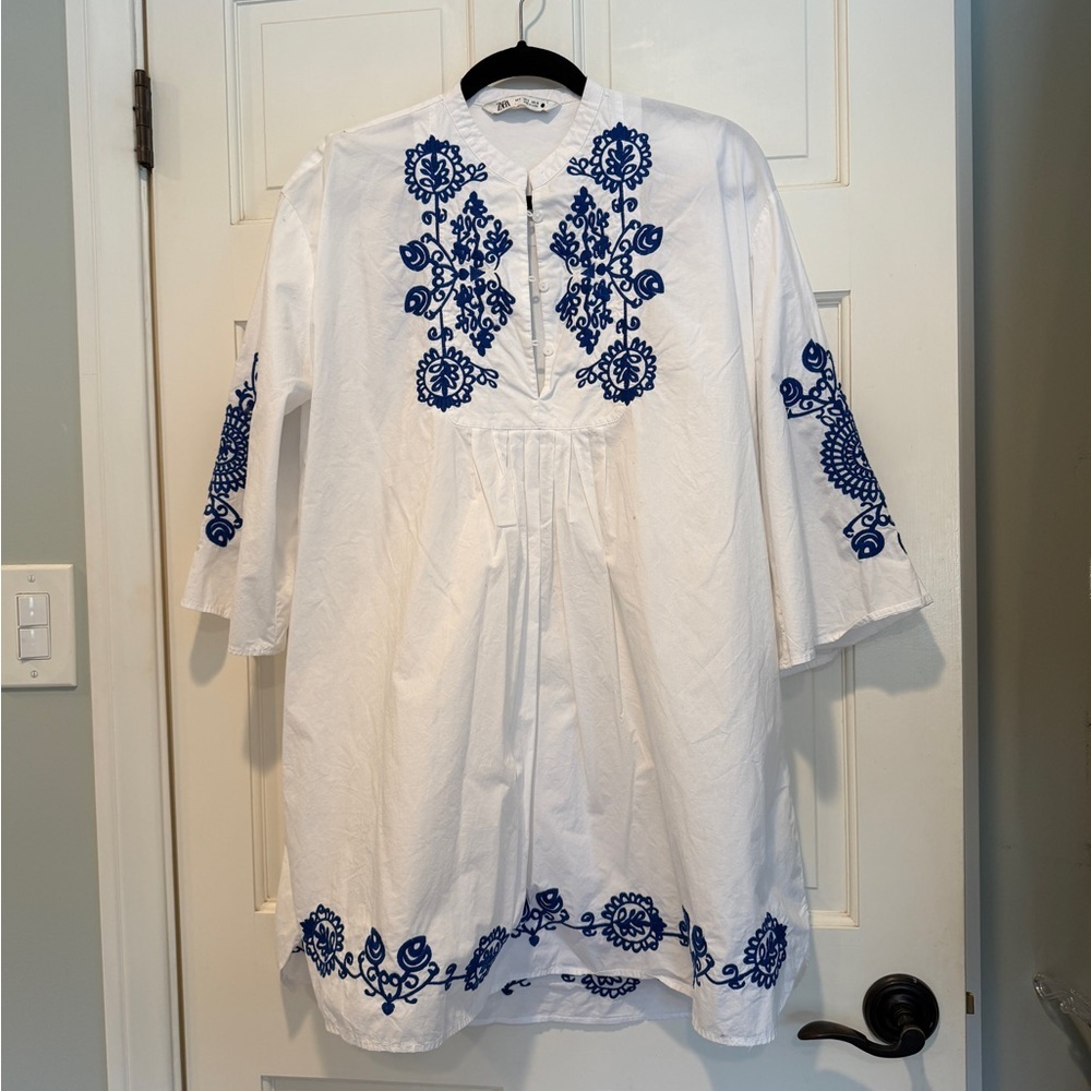 White Zara Tunic Dress with Blue Embroidery
